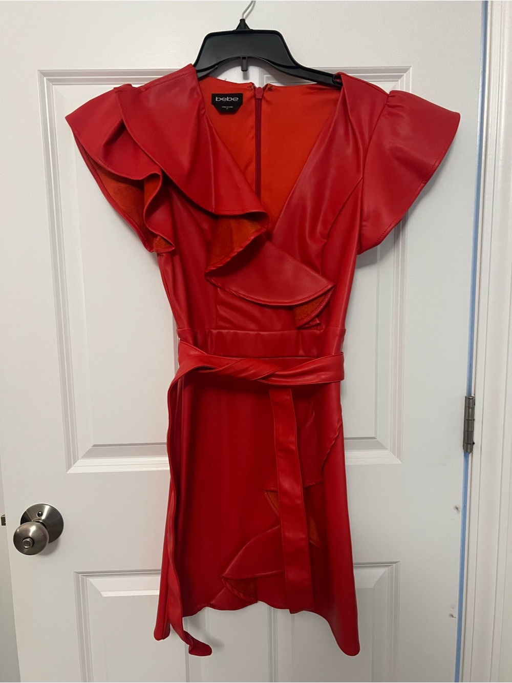 bebe Red Ruffle Faux-Leather Wrap Mini